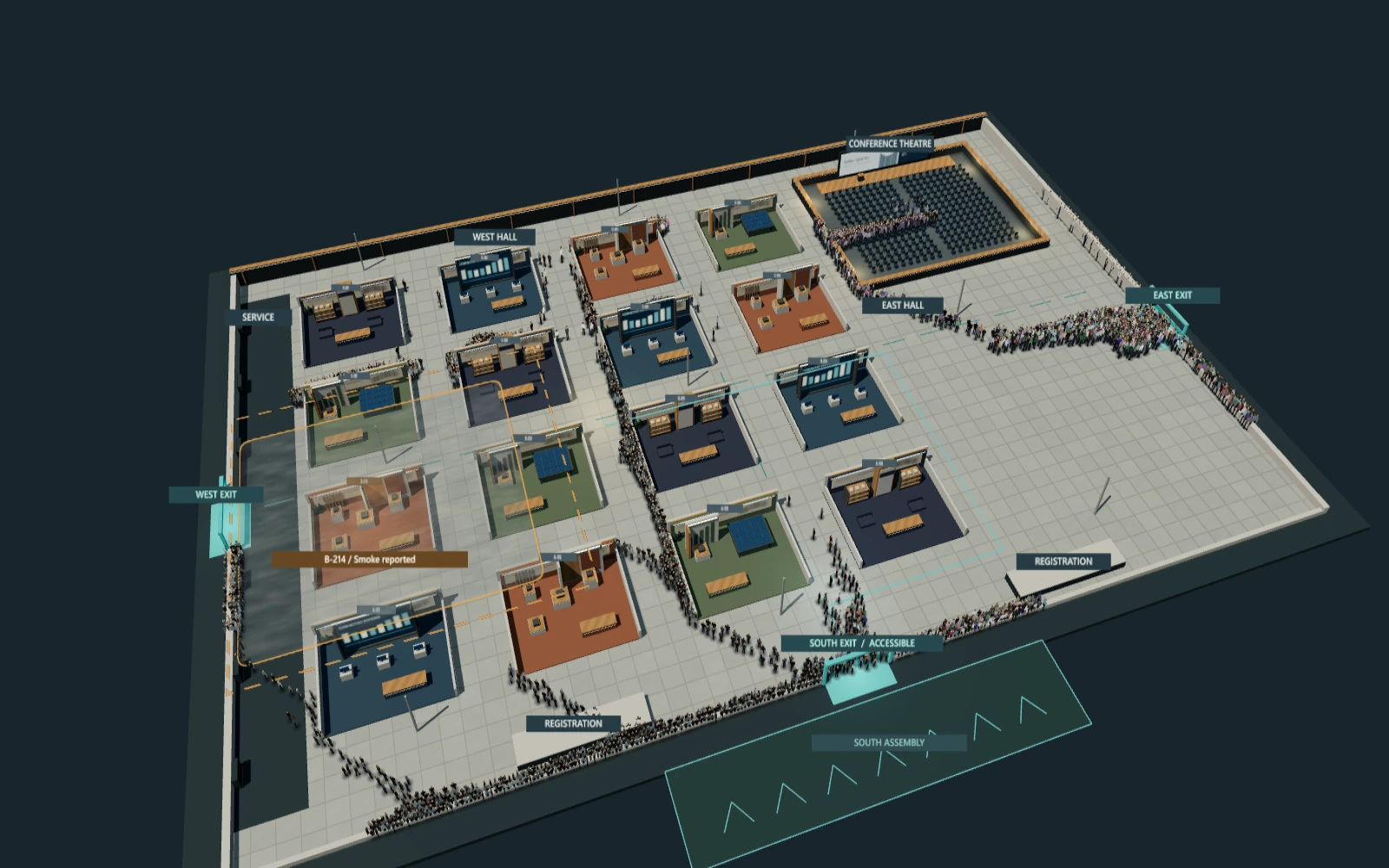 Clear Route gameplay: visitors queue toward exhibition hall exits as smoke spreads across the west aisle, seen from an angled overhead view