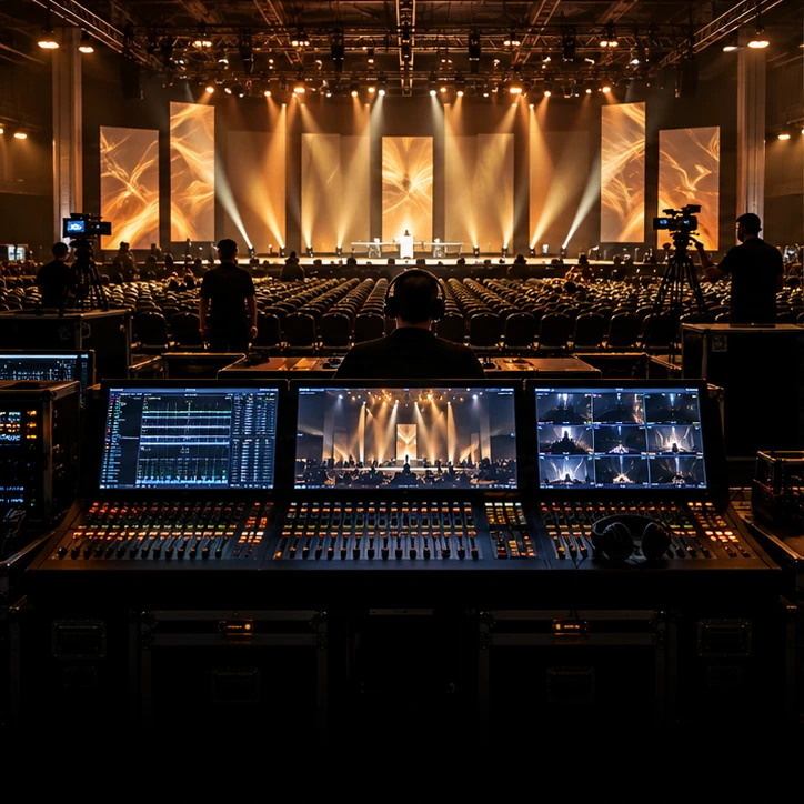 Event production desk overlooking a stage