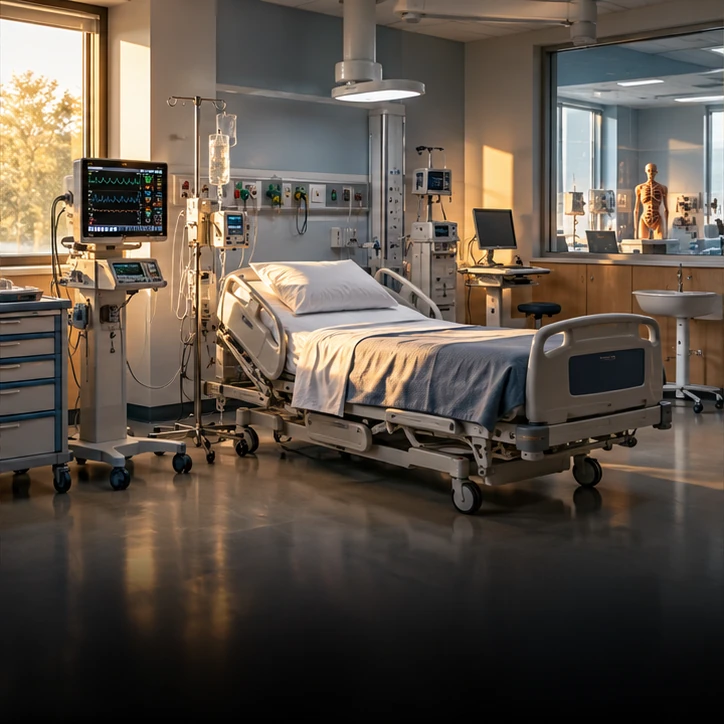 Hospital room with a patient bed and monitoring equipment