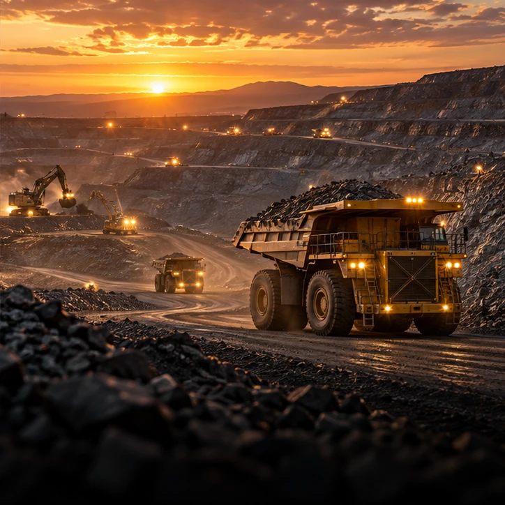 Haul trucks and excavators at an open-pit mine