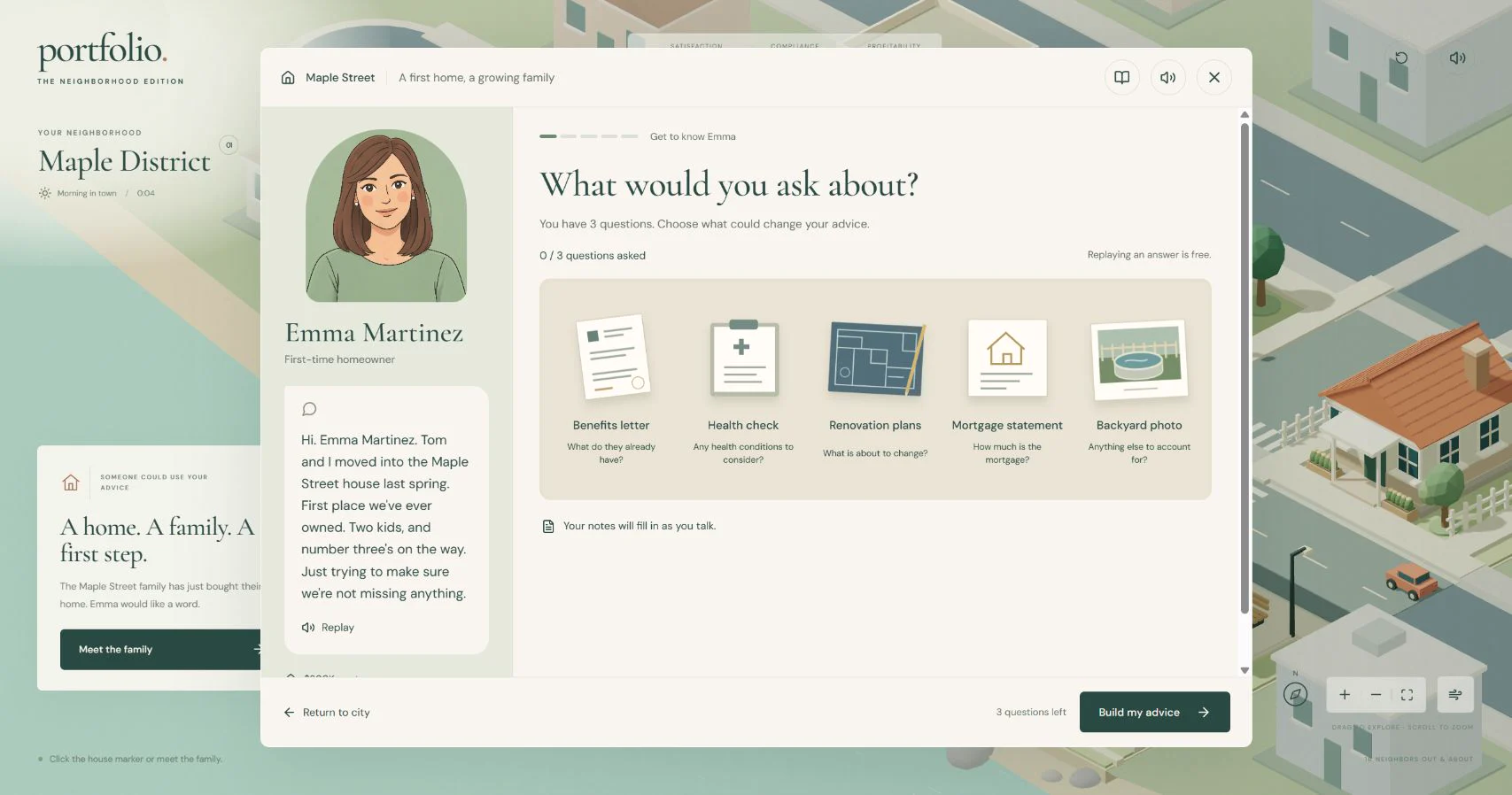 Portfolio: an illustrated client consultation in the insurance training game