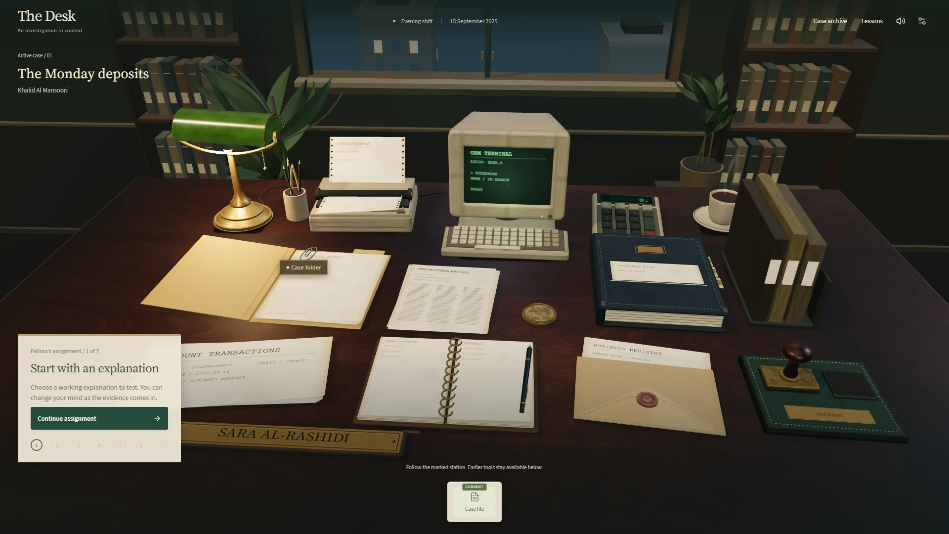 The Desk: a wooden investigation desk with case files, a computer terminal, and a coffee cup.