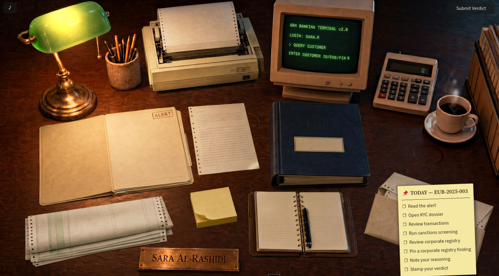 The Desk — post-case feedback panel for an AML investigation