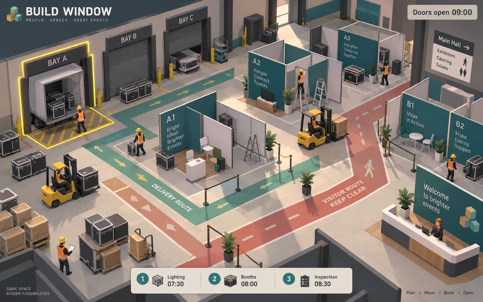 Isometric low-poly exhibition setup concept with loading bays, booth construction and a short delivery schedule