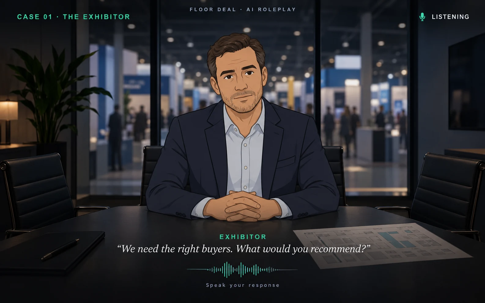 Counterpart-style AI voice training concept with an illustrated exhibitor across a meeting table and a speak-your-response prompt