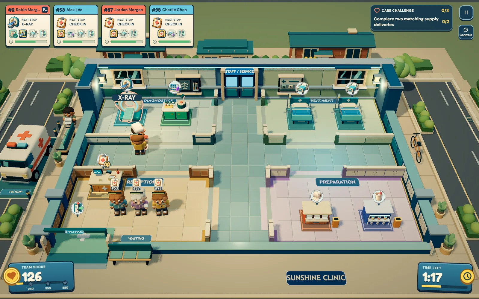 Actual Care Rush gameplay: a nurse carrying a patient towards the X-ray in Sunshine Clinic, with four patient tickets and their next stops along the top of the screen