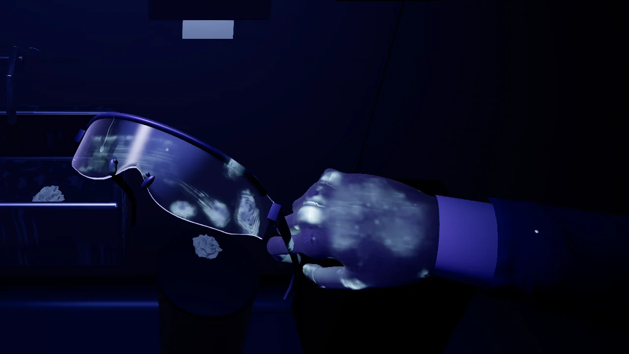 The Invisible Dose gameplay: UV light reveals contamination on a hand and safety glasses