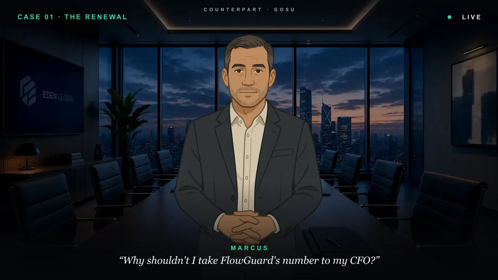 Counterpart &mdash; Marcus, a client across the table: &ldquo;Why shouldn&rsquo;t I take FlowGuard&rsquo;s number to my CFO?&rdquo;