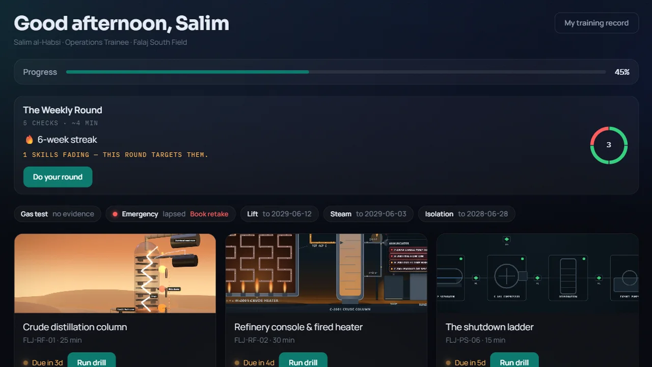 Training platform &mdash; a trainee&rsquo;s portal with a weekly round, skill-decay chips, and a library of short interactive drills