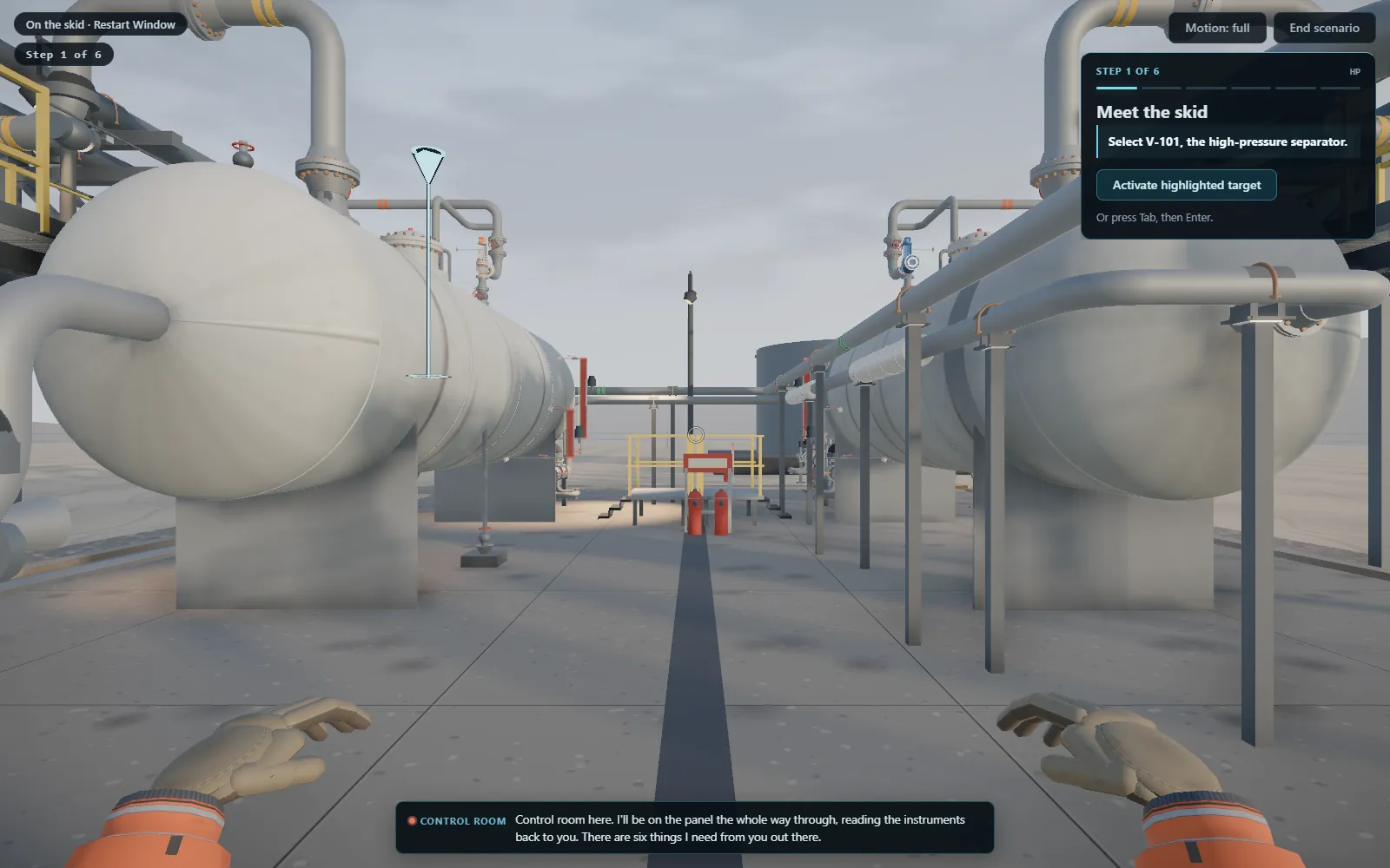 Actual Restart Window gameplay: the high-pressure and low-pressure separators either side of the skid walkway, the control room&rsquo;s opening radio call along the bottom, and the step card on the right