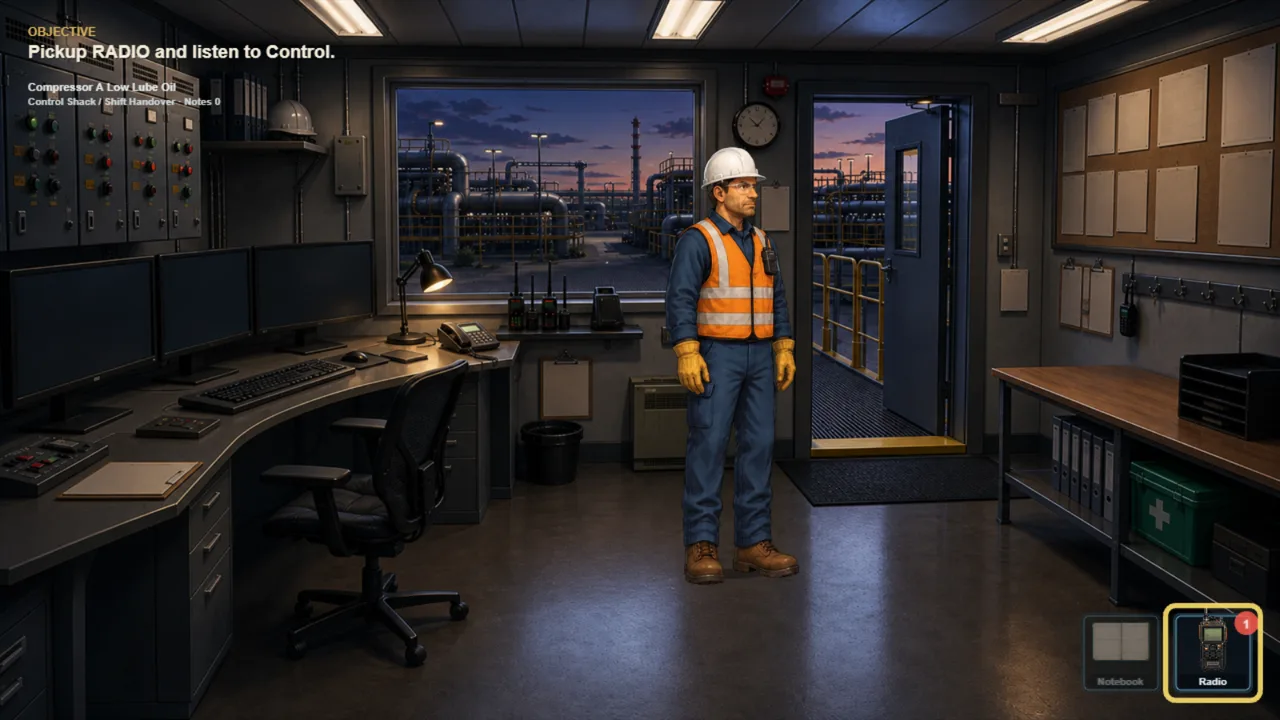 Operator Rounds &mdash; a field operator in the control shack at dusk, radio and notebook tools ready, the plant lit through the window